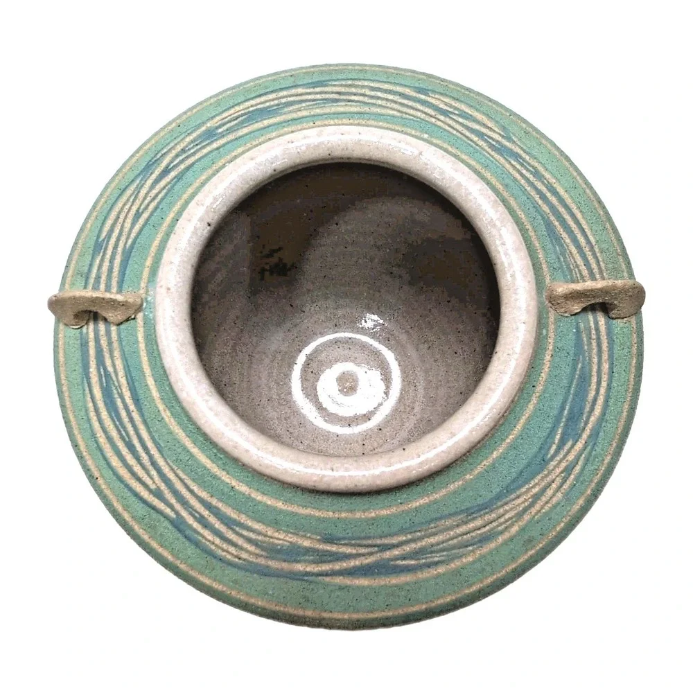 Studio Pottery Handmade Vase‎ Handles Turquoise Blue Wave Glaze Beige Stoneware